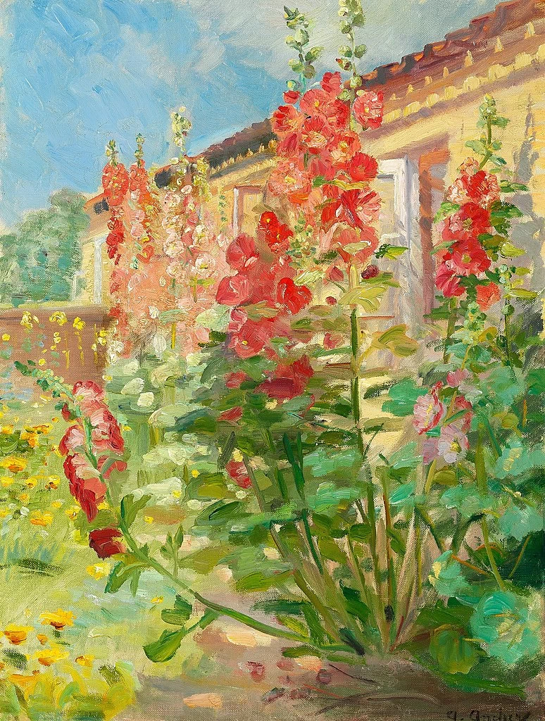 Malvarose rosse nel giardino della casa della famiglia Ancher a Markvej a Skagen